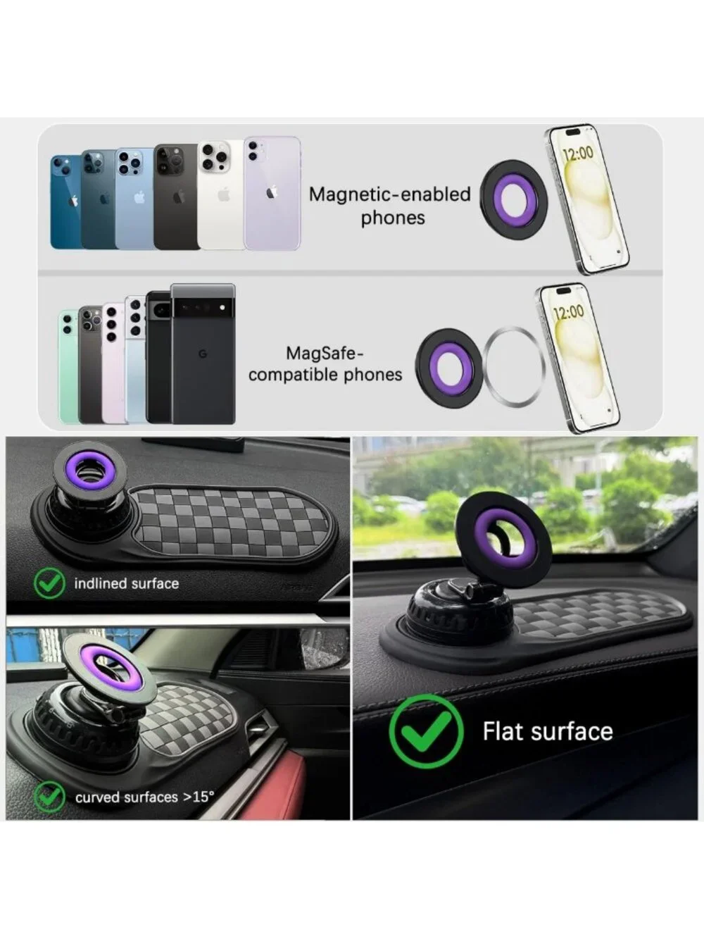360° Adjustable Magnetic Car Phone Mount & Anti-Slip Dashboard Mat - Universal